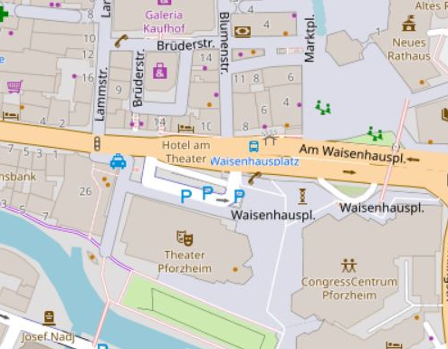 Kartendarstellung der Pforzheimer Zerrennerstraße zwischen Leopold- und Deimlingstraße