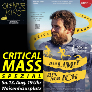 Sharepic für die Critical Mass spezial am 13. August 2022 zum Film "Jonas Deichmann - Das Limit bin nur ich" im Openairkino Pforzheim