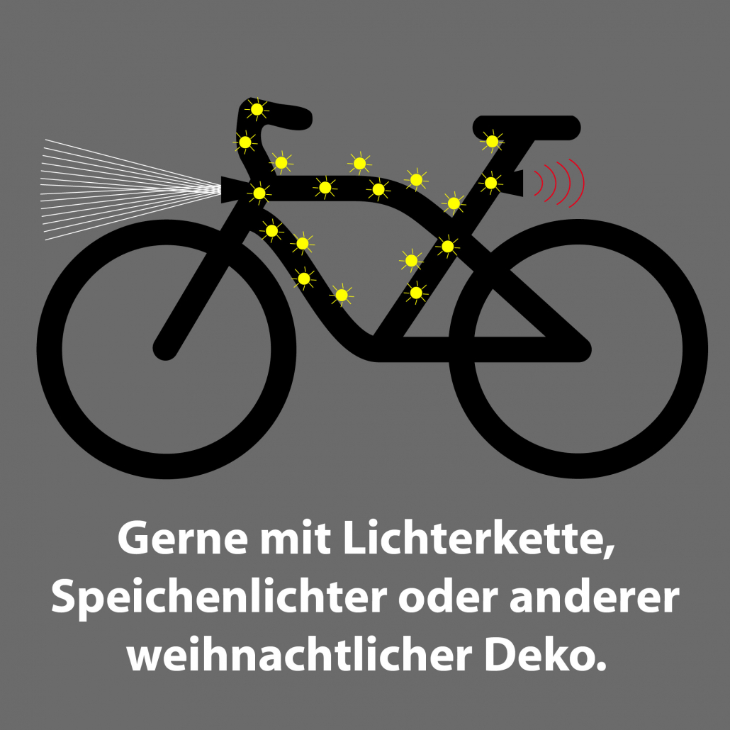 Sharepic-Aufruf für gut sichtbare Fahrräder mit Lichterkette, Speichenlichtern oder anderer Weihnachtsdeko