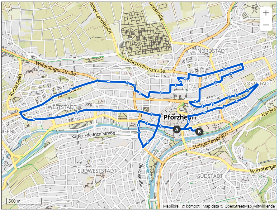 Streckenkarte der Critical Mass Pforzheim am 31.03.2023