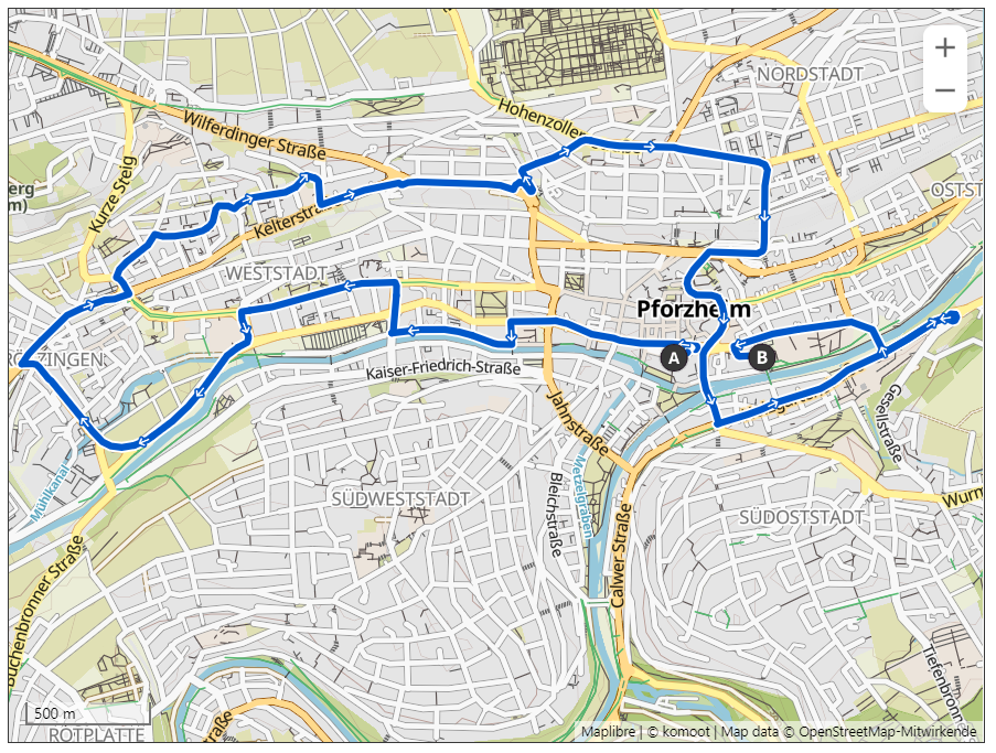 Route der Critical Mass Pforzheim am 01.03.2024