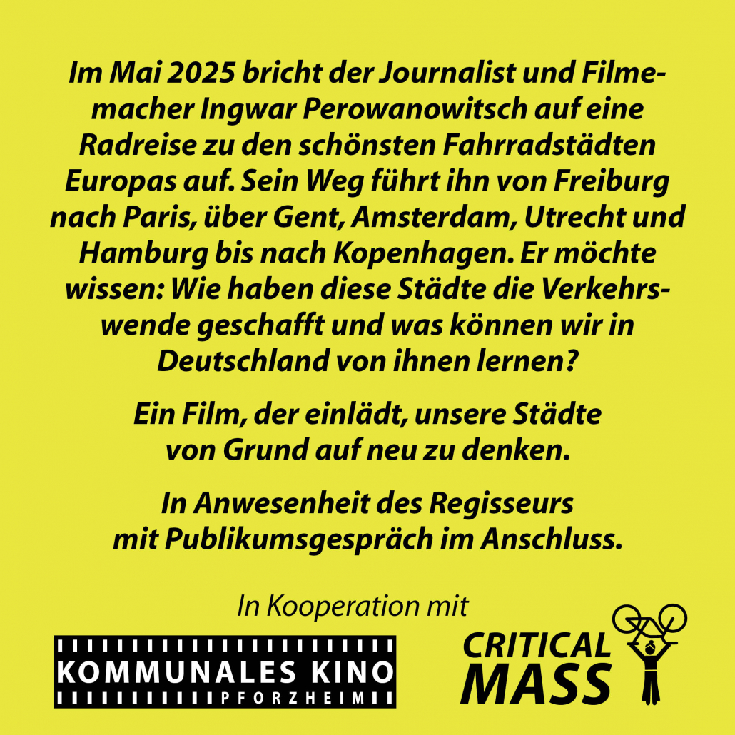 Sharepic für die Filmpremiere von "Cycling Cities" von und mit Ingwar Perowanowitsch am 08.12.2025 im Kommunalen Kino Pforzheim