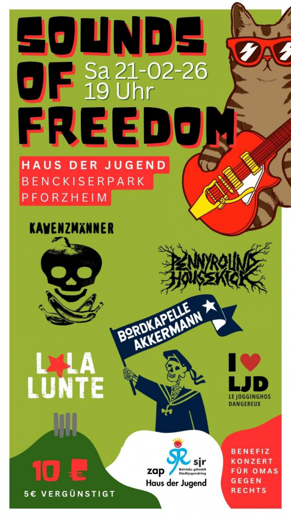 Plakatmotiv für das Benefizkonzert SOUNDS OF FREEDOM am 21.02.2026 im Haus der Jugend Pforzheim