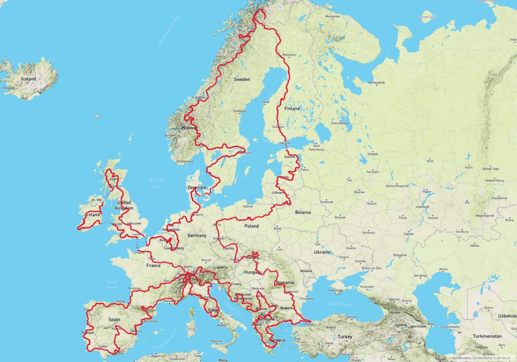 Europakarte mit der von Tobias Renggli bei seinem Fahrradabenteuer BIKEPACKING EUROPA gefahrenen Strecke