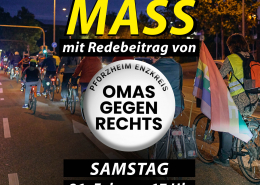 Sharepic für die Critical Mass Pforzheim am 21.02.2026 mit Redebeitrag der Omas gegen Rechts Pforzheim Enzkreis. Das Hintergrundbild zeigt von hinten eine große Gruppe Radfahrender abends auf einer Hauptstraße.