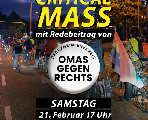 Sharepic für die Critical Mass Pforzheim am 21.02.2026 mit Redebeitrag der Omas gegen Rechts Pforzheim Enzkreis. Das Hintergrundbild zeigt von hinten eine große Gruppe Radfahrender abends auf einer Hauptstraße.