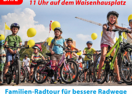 Sharepic für die Kidical Mass Pforzheim am 26.09.2026, ab 11 Uhr auf dem Waisenhausplatz. Das Bild zeigt im Vordergrund sieben Kinder auf und neben ihren mit gelben Luftballons geschmückten Fahrrädern.