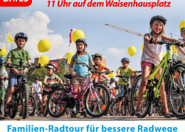 Sharepic für die Kidical Mass Pforzheim am 25.04.2026 und 26.09.2026, ab 11 Uhr auf dem Waisenhausplatz. Das Bild zeigt im Vordergrund sieben Kinder auf und neben ihren mit gelben Luftballons geschmückten Fahrrädern.