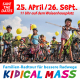 Sharepic für die Kidical Mass Pforzheim am 25.04.2026 und 26.09.2026, ab 11 Uhr auf dem Waisenhausplatz. Das Bild zeigt im Vordergrund sieben Kinder auf und neben ihren mit gelben Luftballons geschmückten Fahrrädern.