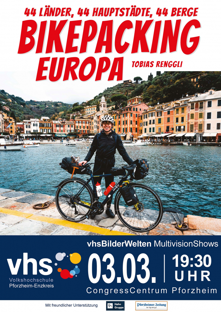 Plakat für die vhsBilderWelten-Veranstaltung BIKEPACKING EUROPA mit Tobias Renggli am 03.03.2026 im CongressCentrum Pforzheim