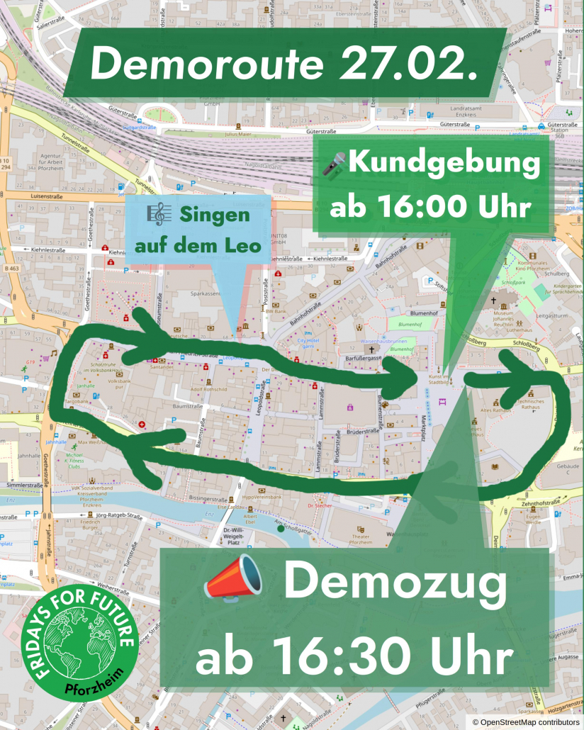 Sharepic von Fridays For Future Pforzheim mit der Demoroute des Klimastreiks zur Landtagswahl am 27.02.2026