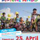 Sharepic für die Kidical Mass Pforzheim am 25.04.2026, ab 11 Uhr auf dem Waisenhausplatz. Das Bild zeigt im Vordergrund sieben Kinder auf und neben ihren mit gelben Luftballons geschmückten Fahrrädern.