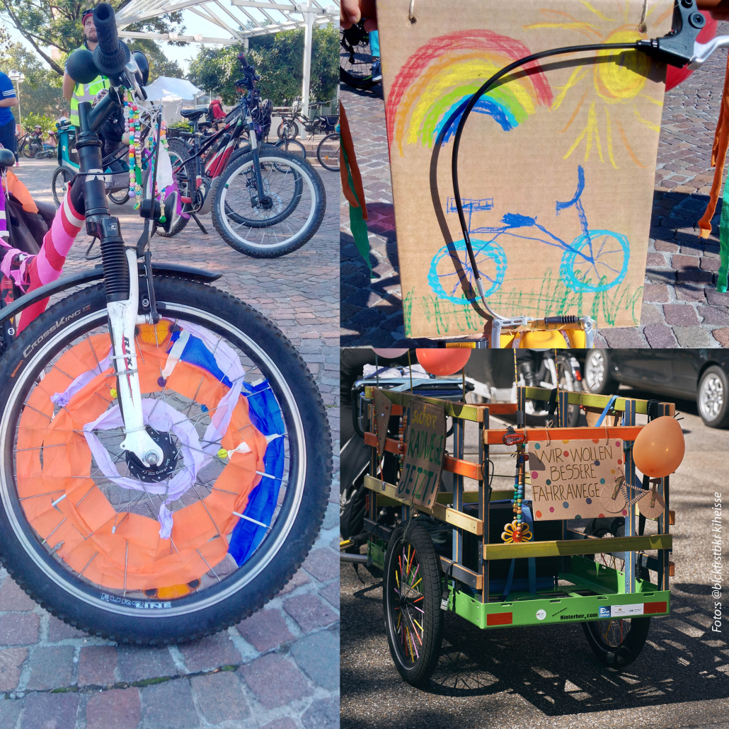 Sharepic für die Kidical Mass Pforzheim. Das Motiv zeigt Fotos von einem geschmückten Kinderfahrrad, einem von Kindern gemalten Plakat mit einem Fahrrad, Sonne und Regebogen sowie von einem geschmücktem Fahrradanhänger mit der Plakatbotschaft "Wir wollen bessere Fahrradwege".