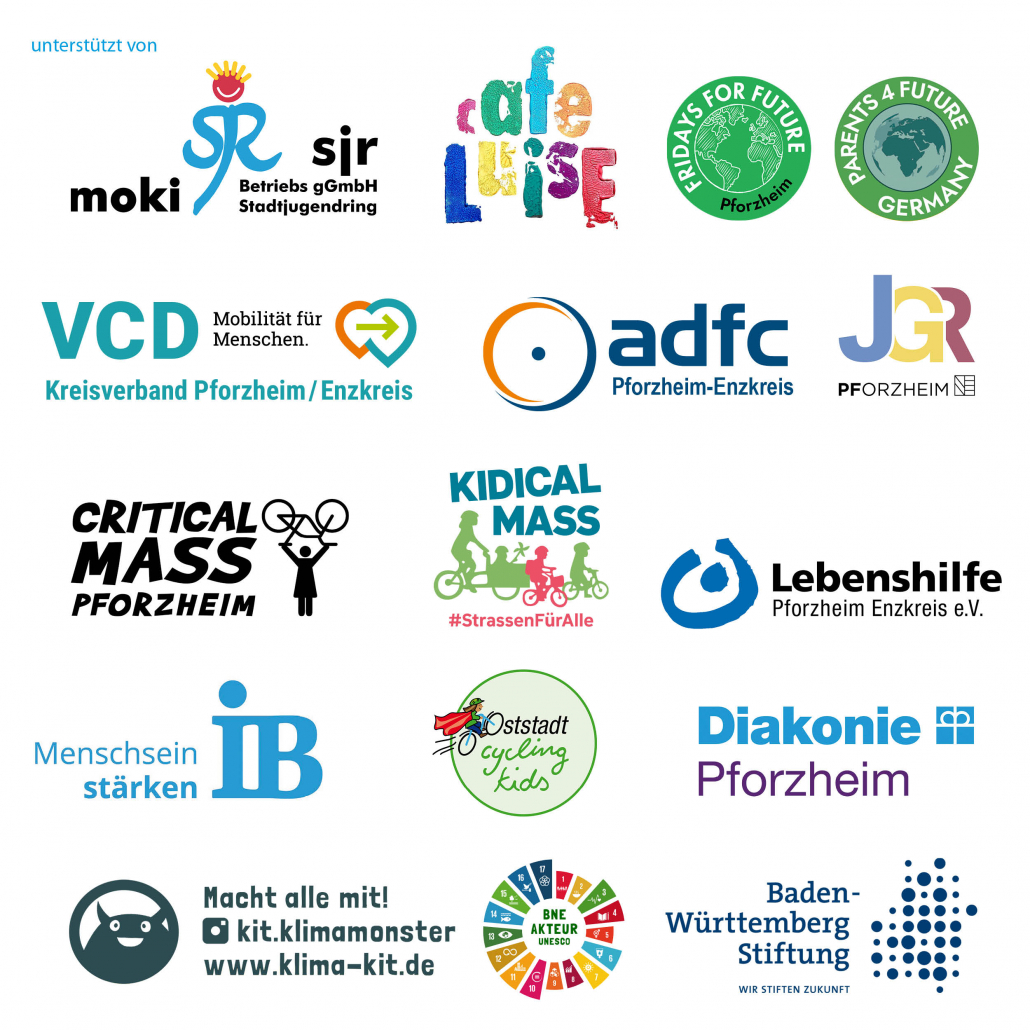 Sharepic für die Kidical Mass Pforzheim am 25.04.2026. Das Motiv zeigt die Logos der beteiligten Kooperations- und Unterstützungspartner.