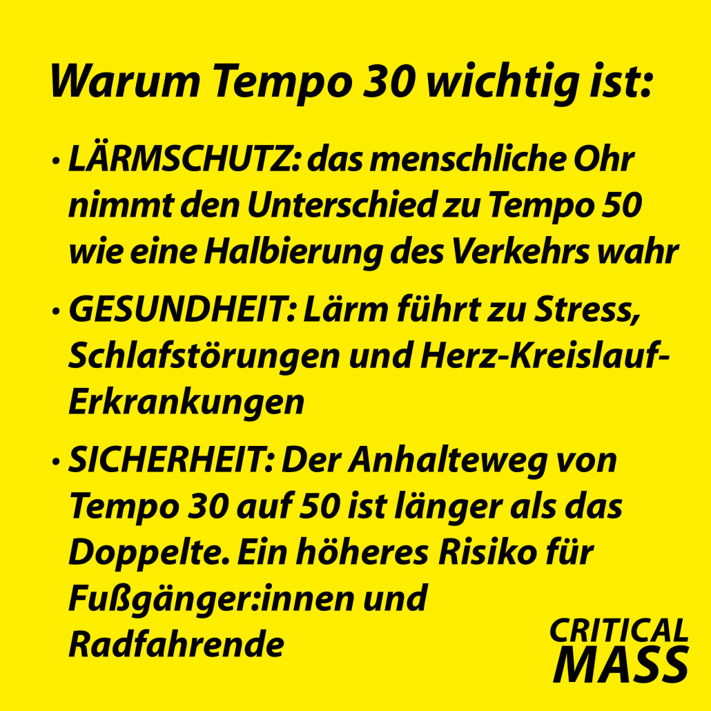 Sharepic für die Critical Mass am 28.08.2026 - Warum Tempo 30 wichtig ist